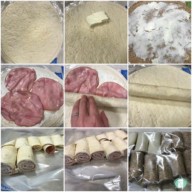 collage of steps to making ham and cream cheese roll ups