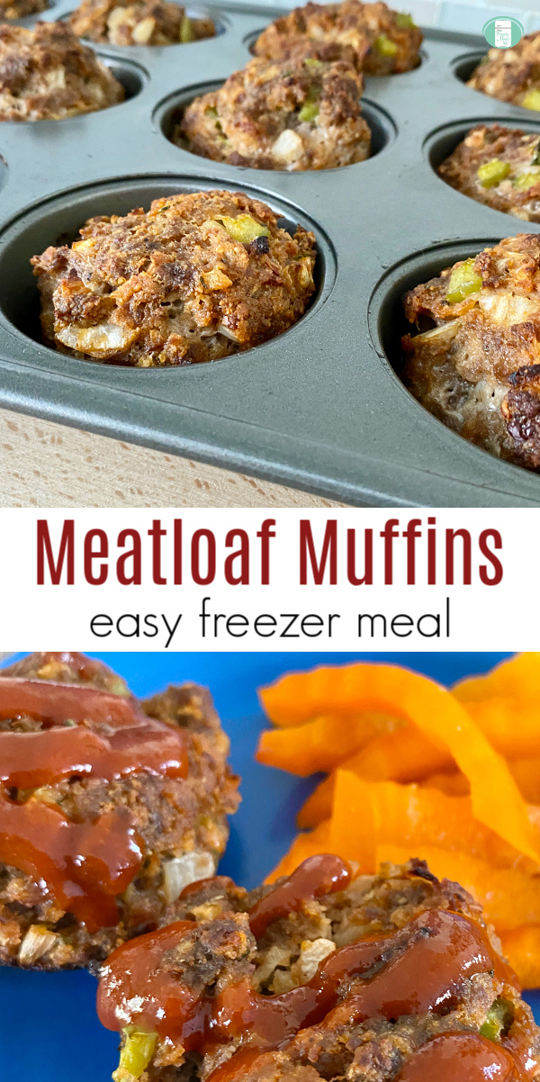muffin tin tray filled with cooked meatloaf on top. Blue plate on bottom with two meatloaf muffins and orange peppers #freezermeals101 #meatloafmuffins #easyfreezermeal