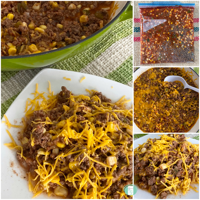 collage of southern-style beef casserole in a freezer bag, with a scoop in a skillet and on a plate with cheese on top