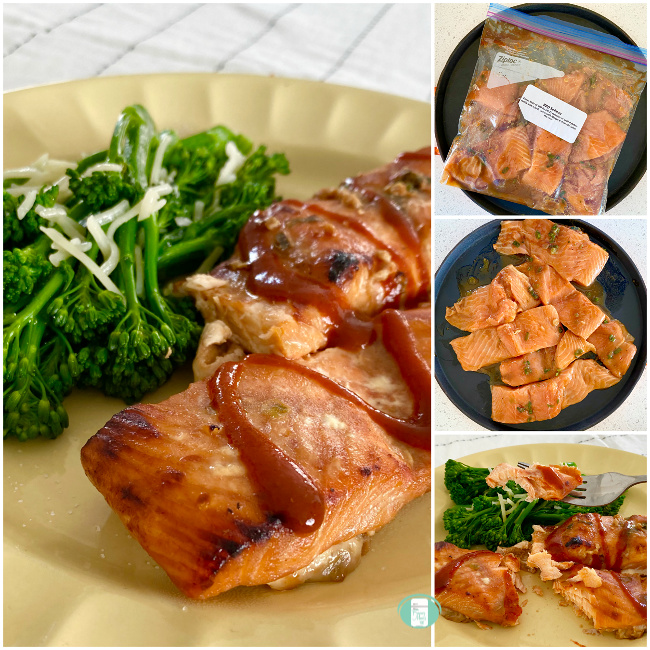 collage of BBQ salmon in the freezer bag and on a plate with BBQ sauce and broccoli