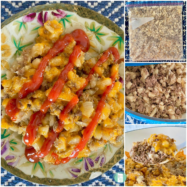 collage of beef hash casserole in a freezer bag, in the skillet with a spoon lifting some out and on a plate with cheese and ketchup on top