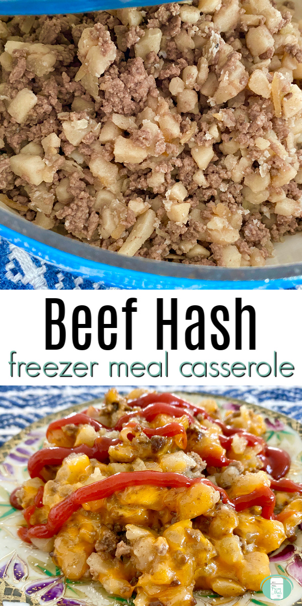 pot with ground beef and hash browns. Text reads Beef Hash freezer meal casserole" #freezermeals101 #beefhashcasserole #freezercasserole #makeahead