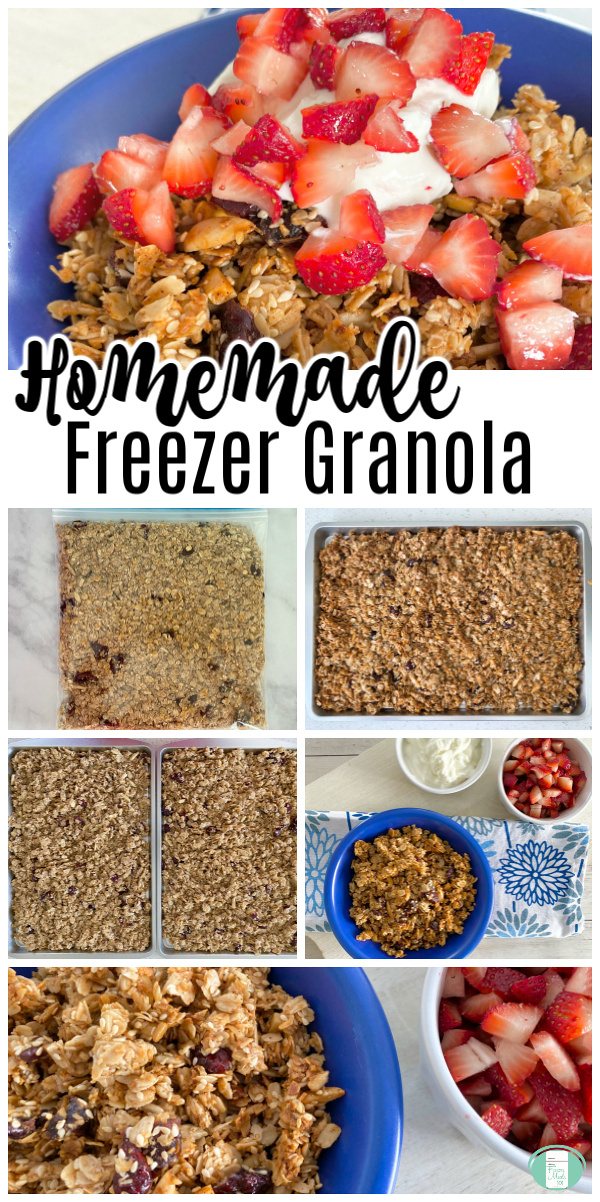 blue bowl with granola topped with white yogurt and sliced red strawberries. Text reads "Homemade Freezer Granola" #freezermeals101 #homemadegranola #freezergranola