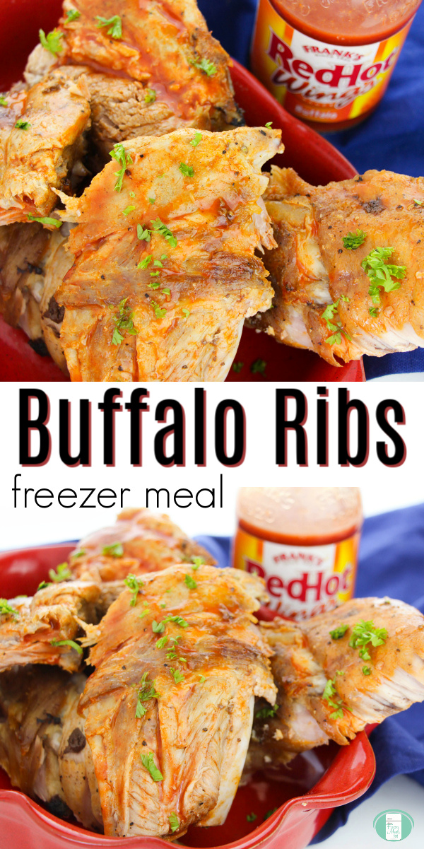 ribs sit in a red basket with a bottle of Frank's hot sauce in the background. Text reads "Buffalo Ribs freezer meal" #freezermeals101 #buffaloribs #freezerribs