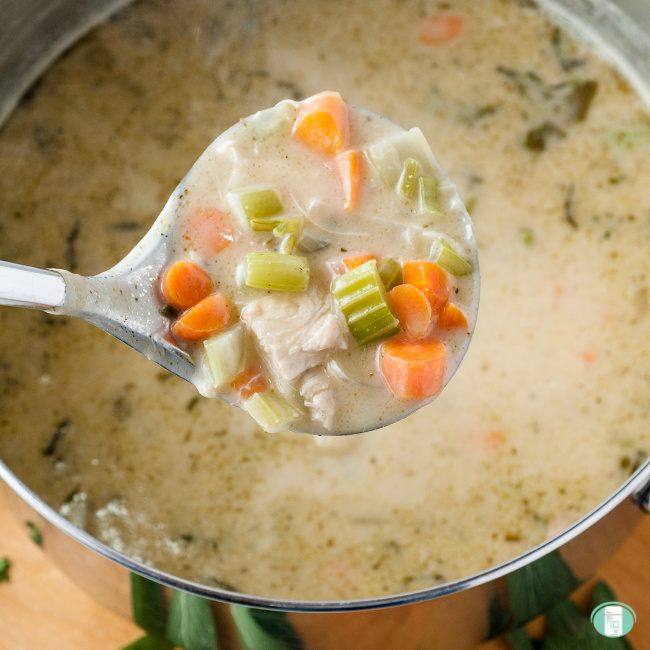 ladle lifting some chunky cream of chicken soup out of a pot
