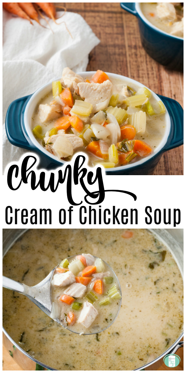 blue bowl with cubed chicken, carrots, onions, celery. Text reads "chunky cream of chicken soup" #freezermeals101 #creamofchicken #chunkychicken #chickensoup #chickendinner