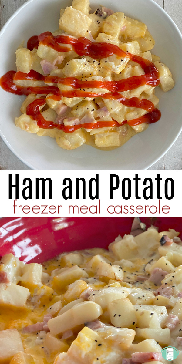 white plate with cheesy potato cubes topped with red ketchup. Text reads "Ham and Potato freezer meal casserole" #freezermeals101 #freezermealcasserole #hamandpotato 