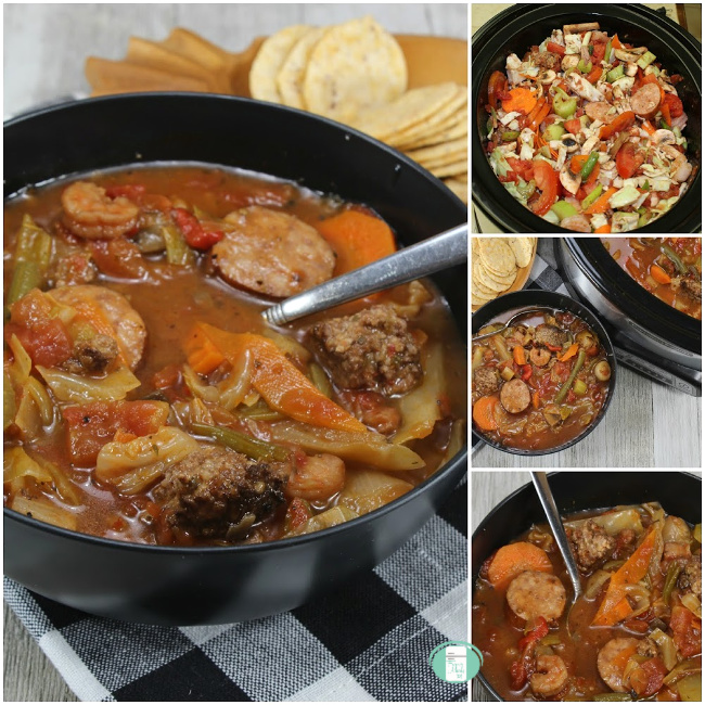 collage of jambalaya soup in the crock pot and in a bowl