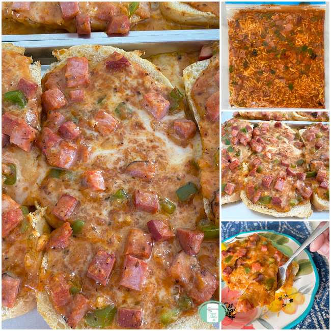 collage of pizza buns in a freezer bag, on a baking sheet and on a plate with a fork cutting into it