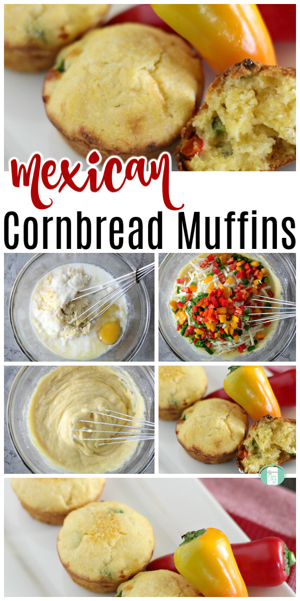 3 light yellow muffins next to a small red and yellow pepper on a white plate. Text reads "Mexican Cornbread Muffins" #freezermeals101 #cornbreadmuffins #mexicanfreezermeals #mexicancornbread #cornbread