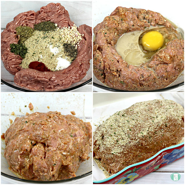 a collage of 4 photos showing the making of meatloaf mixture using ground turkey
