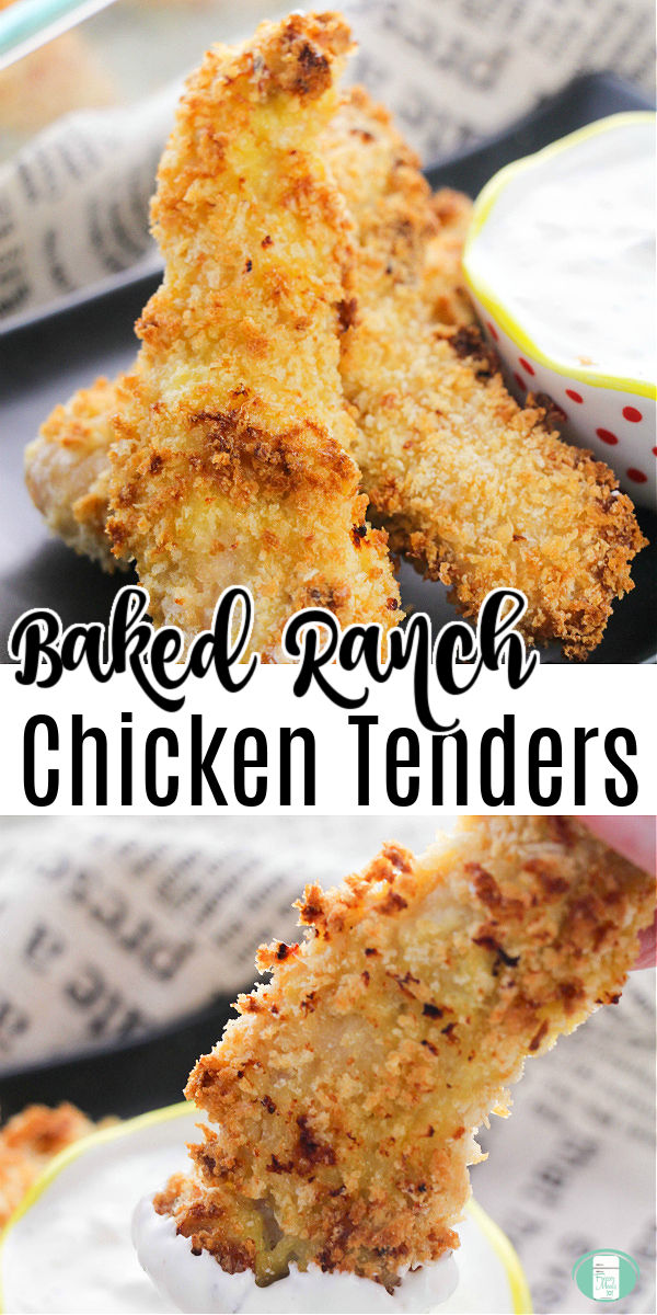 two strips of breaded chicken on top and one on the bottom being dipped into a white sauce. Text: "Baked Ranch Chicken Tenders" #freezermeals101 #chickentenders #ranchchicken #chickendinner #bakedchickenfingers #ranchchickenfingers