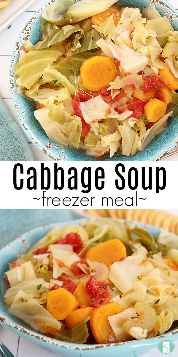 blue bowl heaped with carrots, cabbage, and stewed tomatoes. Text reads "Cabbage Soup freezer meal" #freezermeals101 #easycabbagesoup #freezersoup #cabbagesoup 