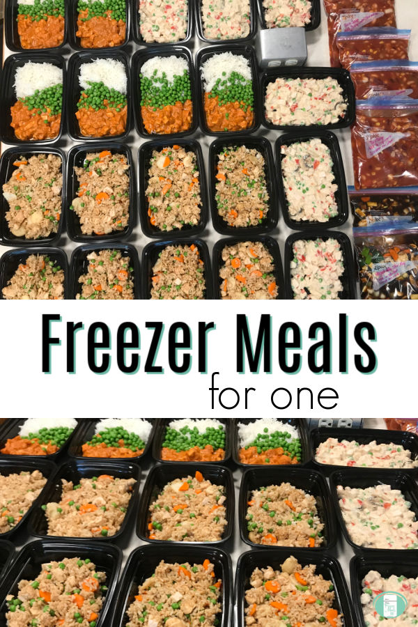 counter covered in individual meals. Text reads "Freezer Meals for one"