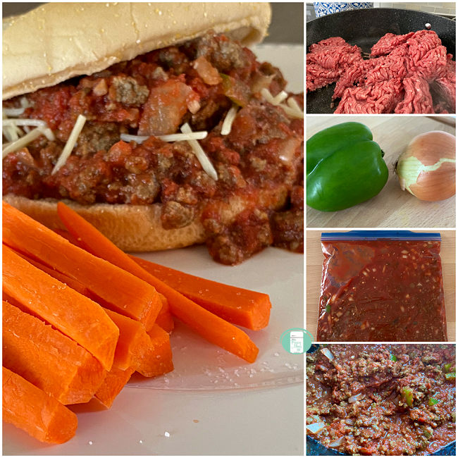 collage of photos of the process of making sloppy joes as a freezer meal