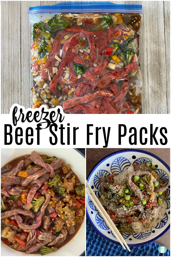 bag with meat strips and vegetables on top. Meal in skillet and a bowl on the bottom. Text reads "freezer Beef Stir Fry Packs"