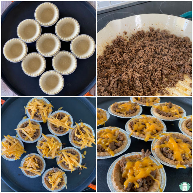 empty tart shells, ground beef, tarts filled with the beef and topped with cheese