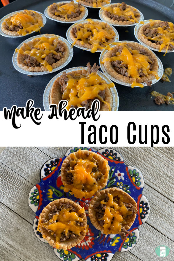 mini meat pies topped with cheese. Text reads "Make ahead taco cups"