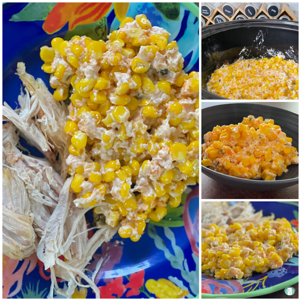 corn on a plate next to chicken and corn in a slow cooker