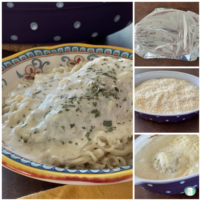 collage of photos of chicken in a white cream sauce on spaghetti noodles