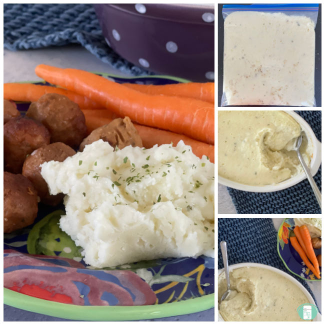 collage of photos of freezer mashed potatoes being made and served as a side dish