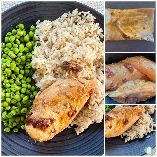 collage of photos of chicken, rice, and peas