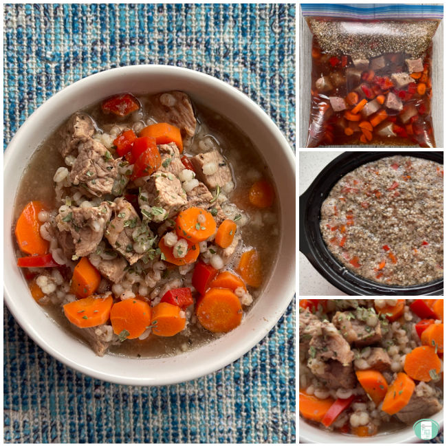 collage of the process of making beef barley stew from freezer to slow cooker to bowl