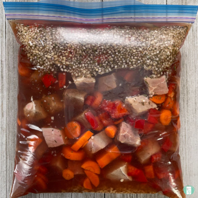 bag filled with liquid and stew ingredients