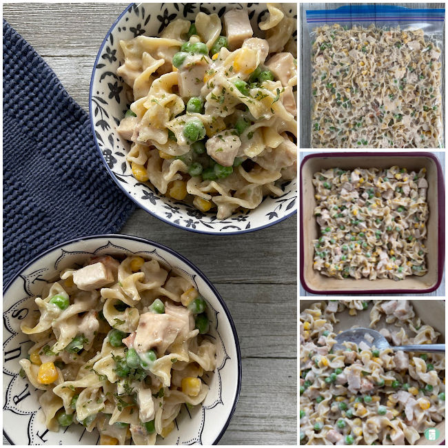 collage of photos of a chicken noodle soup casserole