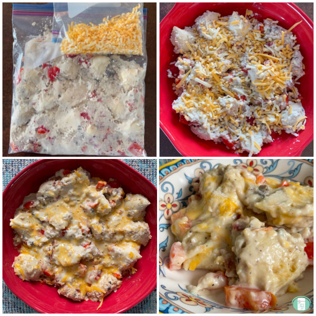 perogie casserole in clear bag, in red casserole dish topped with cheese, and served in bowl
