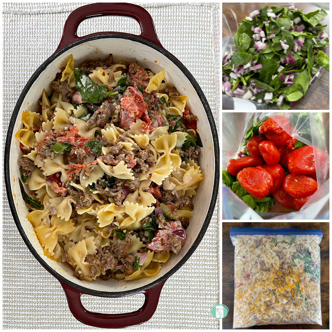 spinach and sausage pasta in casserole dish and freezer bag