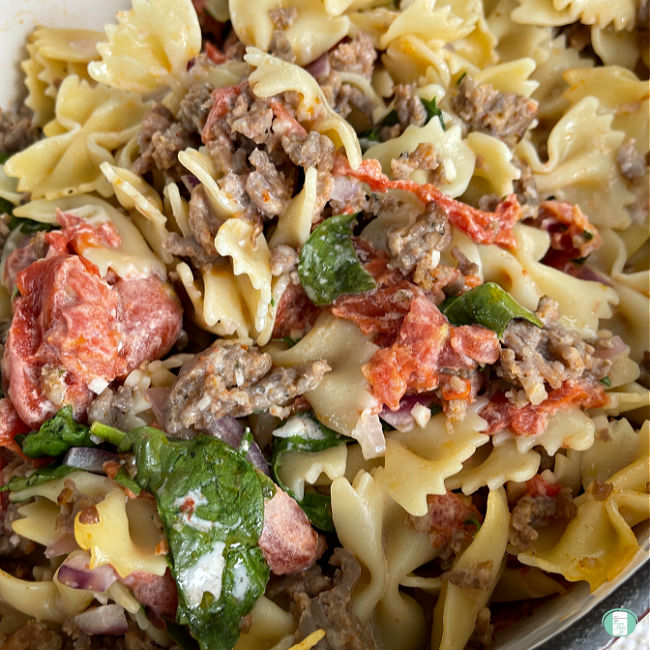 bow tie pasta noodles with tomatoes, spinach, and sausage