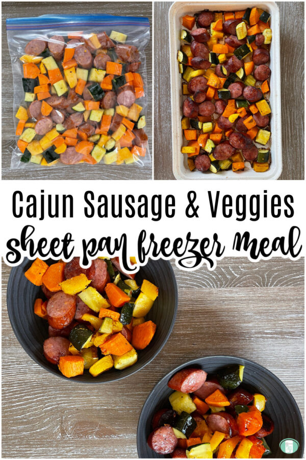 collage depicting sausage and vegetable sheet pan dinner going from the freezer bag to the baking sheet to the bowl