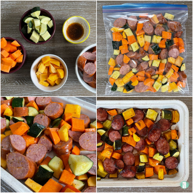 collage of cubed zucchini, squash, sweet potato, and sausage in freezer bag and then cooked