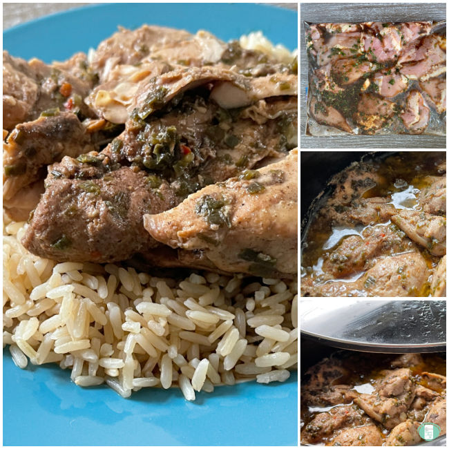 collage of photos of chicken marinating, cooking in the slow cooker, and served on rice