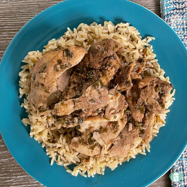 rice topped with chicken on a blue round plate