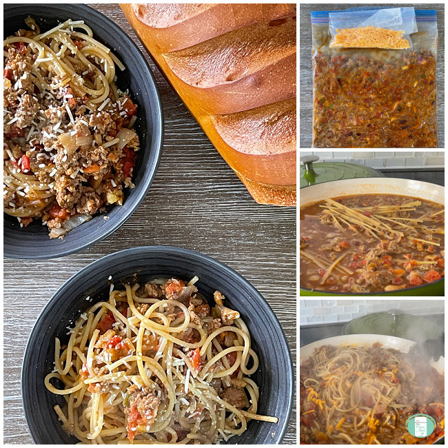 collage of photos of one pot taco spaghetti from freezer bag to skillet to bowl