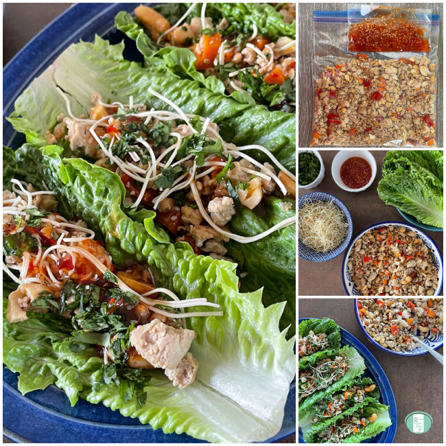 collage of lettuce wraps and the filling and other ingredients