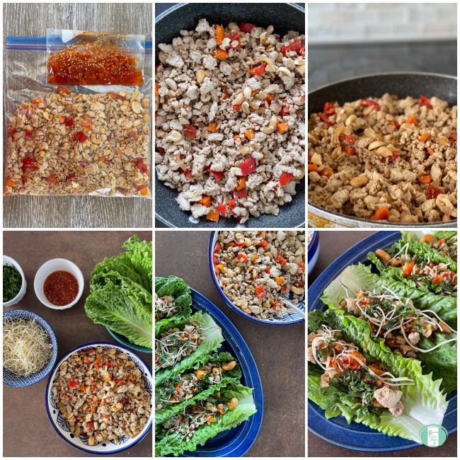 collage of photos for how to make freezer meal chicken lettuce wraps