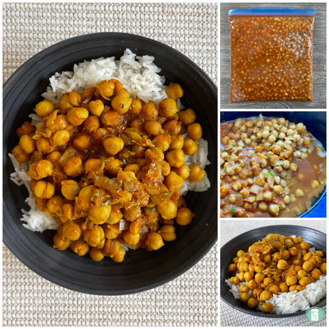collage of photos of chickpea stew going from freezer bag to slow cooker to bowl