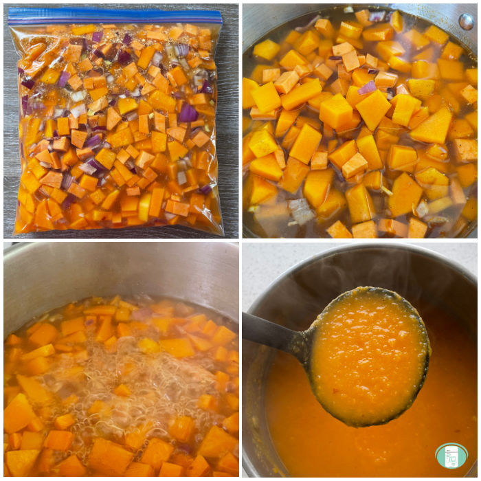 process of making curried squash soup from freezer to pot