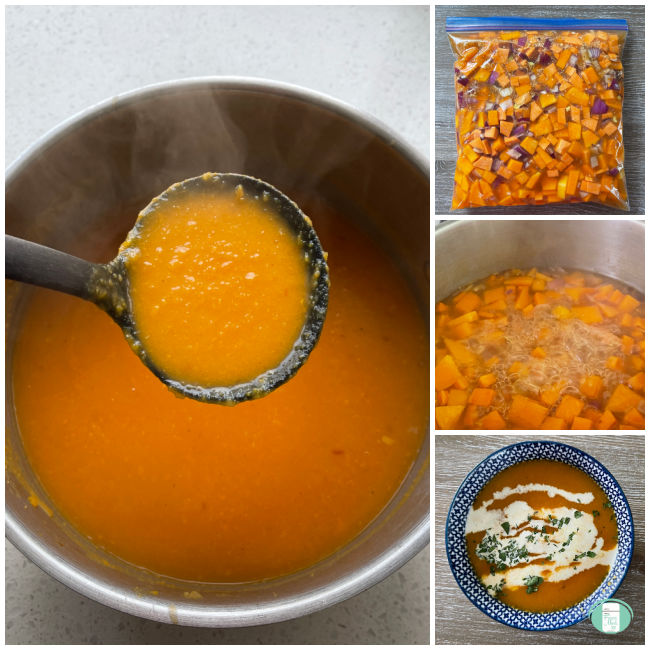collage of photos of soup going from freezer bag to pot to bowl