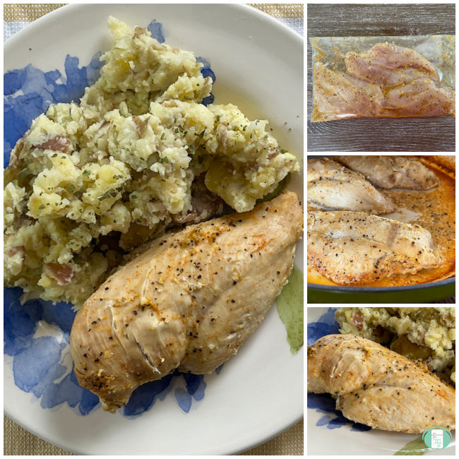 collage of photos of chicken going from freezer bag to oven dish to plate