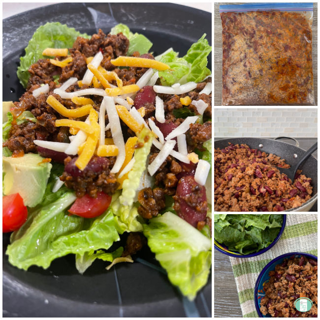 collage of photos of taco meat in bag, heating in skillet, then served over lettuce in a salad