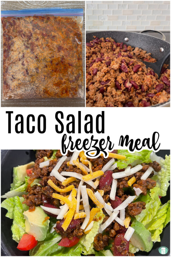 taco meat in a bag, in a skillet, and on a salad