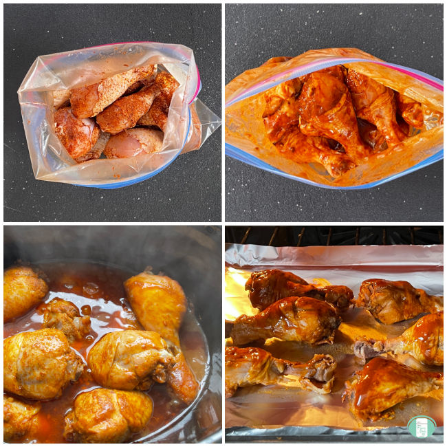 collage of pictures showing marinating and cooking chicken drumsticks