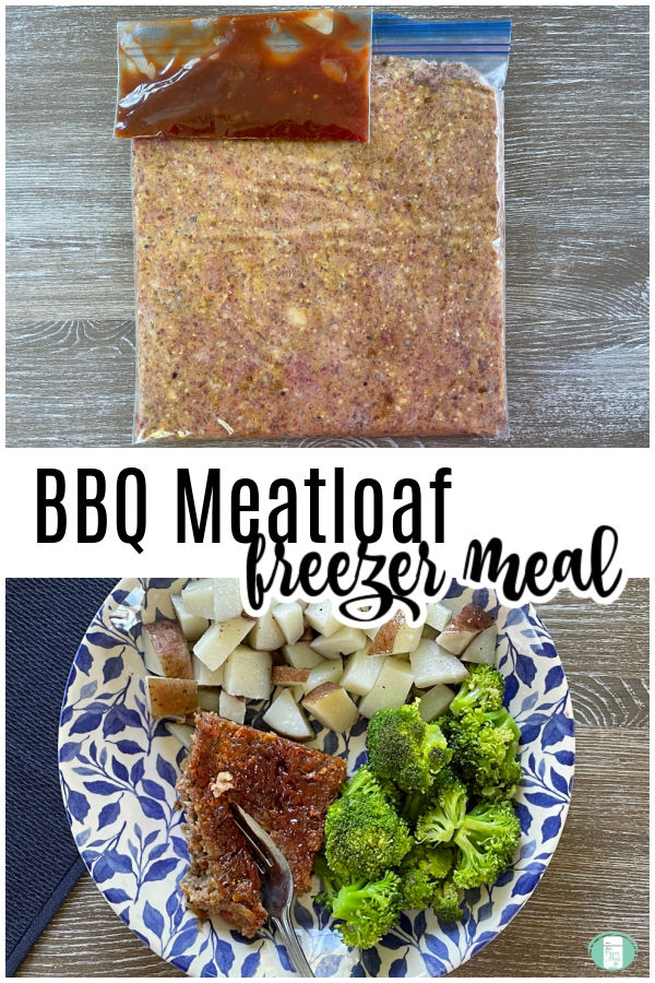 bag with meat mixture in it and then the cooked meatloaf on a plate with broccoli and potatoes