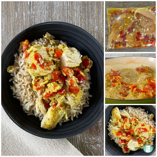 collage of photos of chicken curry over rice