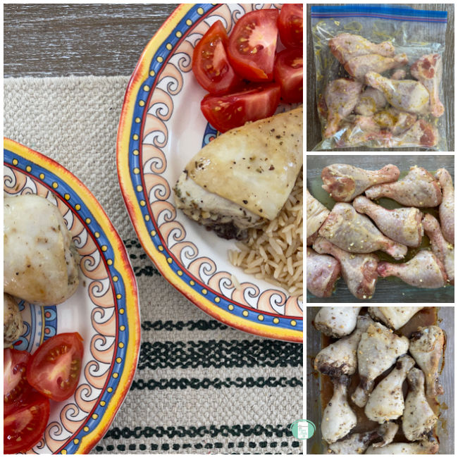 collage of photos of chicken drumsticks being made to on the plate