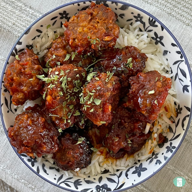 meatballs on rice in a bowl